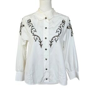 Escada Margaretha Ley Vintage White Cotton Embroidered Western Blouse Germany 42